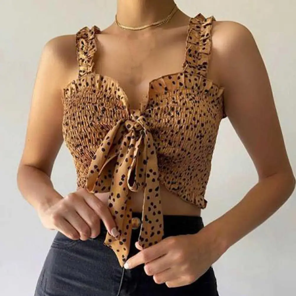 

New Polka Dot Ruffles Strap Vest Summer Sexy Open Front Tie Up Tank Tops Women Lace Frill Tube Crop Tops Chic Lady Bowknot Tank