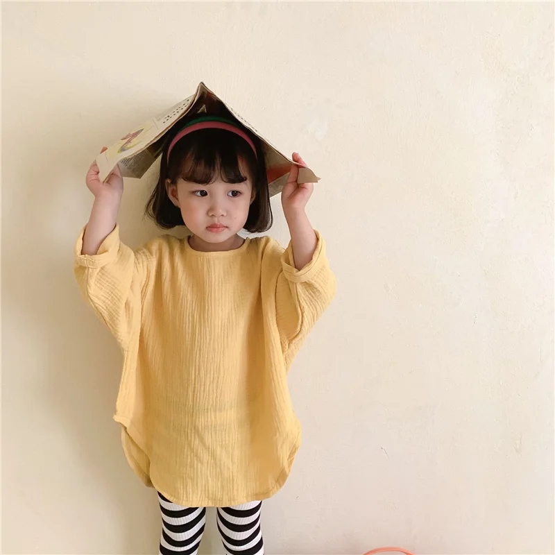 

Spring autumn girls cute solid color cotton yarn mid-length blouses 2-6 years children clothes girl oversized long sleeve Top