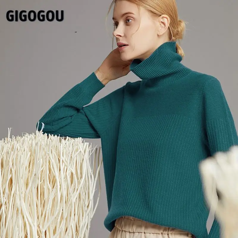 

GIGOGOU Wool Women Turtleneck Sweater CHIC Autumn Winter Soft Warm Soft knitted Pullover Femme Jumper Women Cashmere Sweater Top