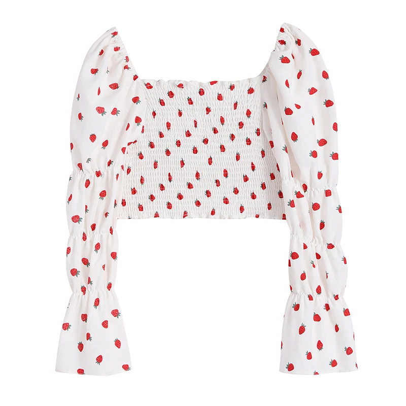 

Flare Sleeve Ulzzang Crop Top Women Tops Spring Square Collar Shirts Korean Clothes Fashion Strawberry Print Blouse Sweet Style