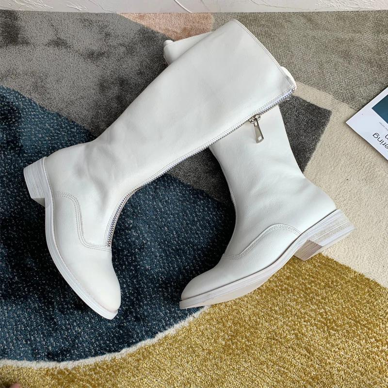 Botas Mujer/кожаные ботинки на молнии женские ботинки на низком каблуке Женская обувь на платформе женские ботинки до середины икры г. Zapatos De Mujer