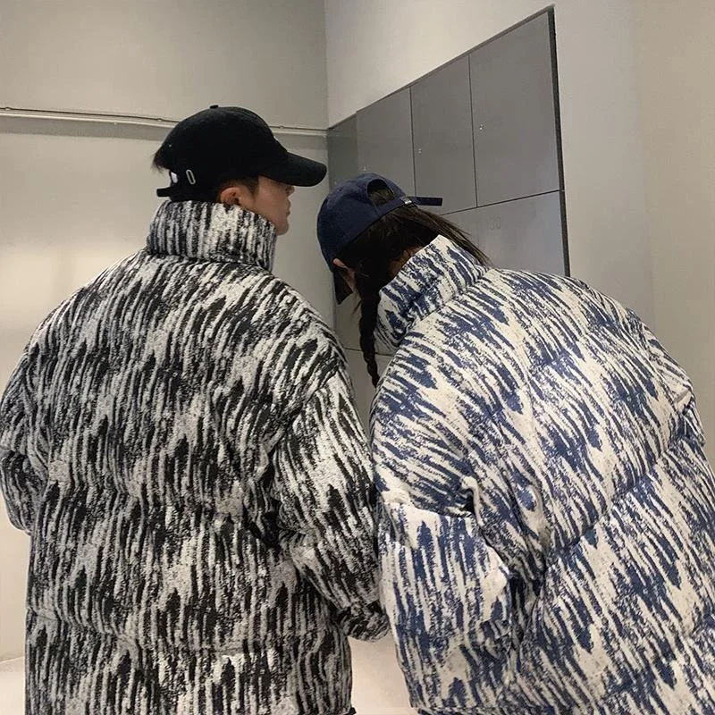 Casual Simple Autumn and Winter New Loose Fashion Trend Cardigan Striped Printed Down Jacket Plus Velvet Thick Warm Down Jacket