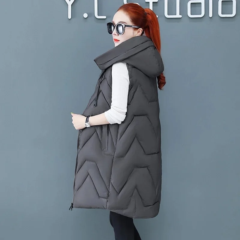 

Solid Long Women's Sleeveless Down Cotton Jacket Hooded Padded Vest Woman Loose Women's Waistcoat Coat For Women