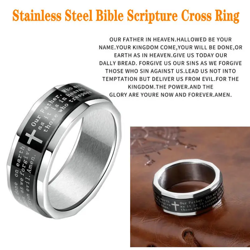 

Men's stainless steel ring Rotatable ring Bible verse ring Bible verse, cross, ring