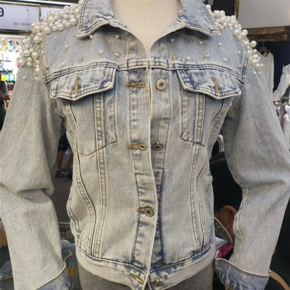 

Тяжелая промышленность бриллиантами бусина-пуговица джинсовая куртка для женщин Весна 2020 корейский Свободный Повседневный Топ