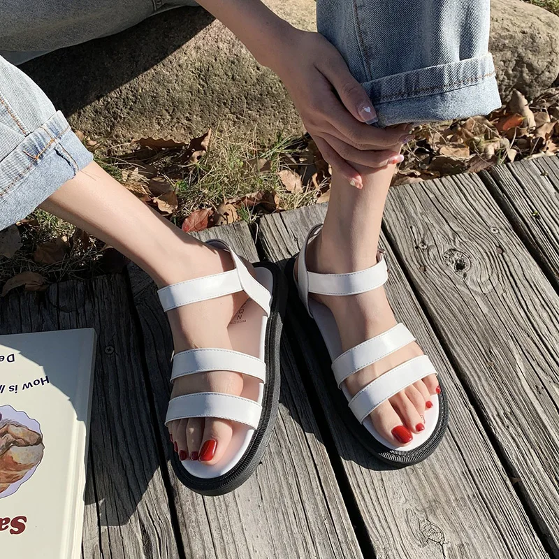 

Roman Sandals Flat Summer Shoes Woman Suit Female Beige All-Match Gladiator Without Beach Fashion Black 2021 Low Comfort Girls B