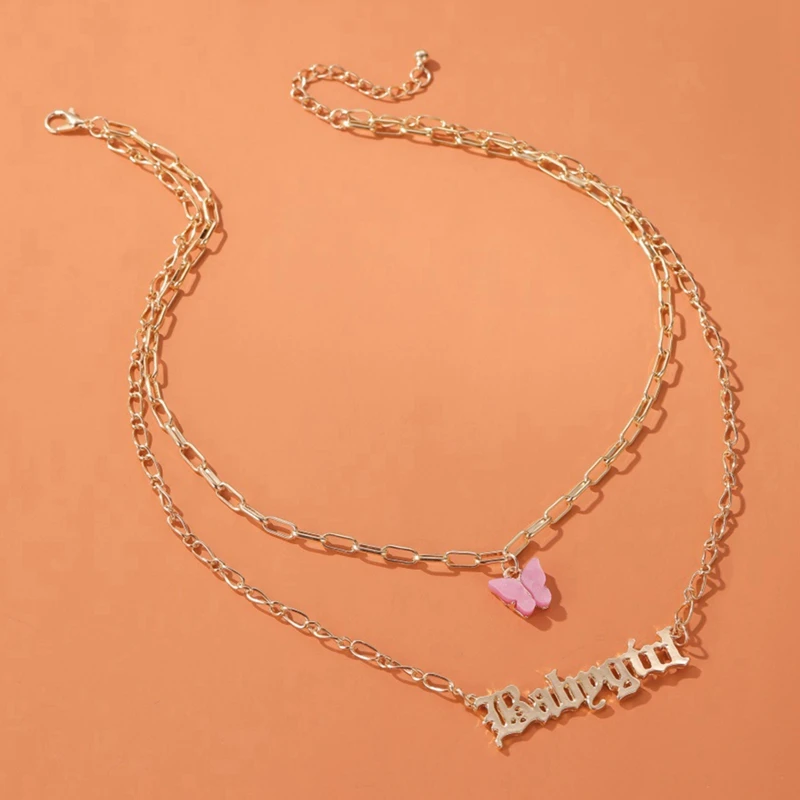 

New Bohemian Necklace For Women Double-Layers Butterfly Letter Chic Necklace Gold Color Alloy Chain Chokers For Girls
