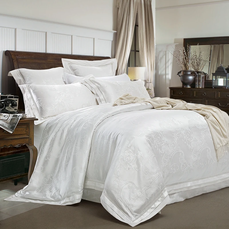 

Europe Luxury Satin Silk Jacquard Duvet Cover 4Pcs Queen King Size White Gold Bedding Set Bed Sheet Fitted Sheet Set Pillowcases