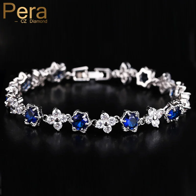 

Pera Luxury White Gold Color Cluster Flower Shape Royal Blue and White CZ Zircon Stone Bracelets Party Jewelry for Women BR018