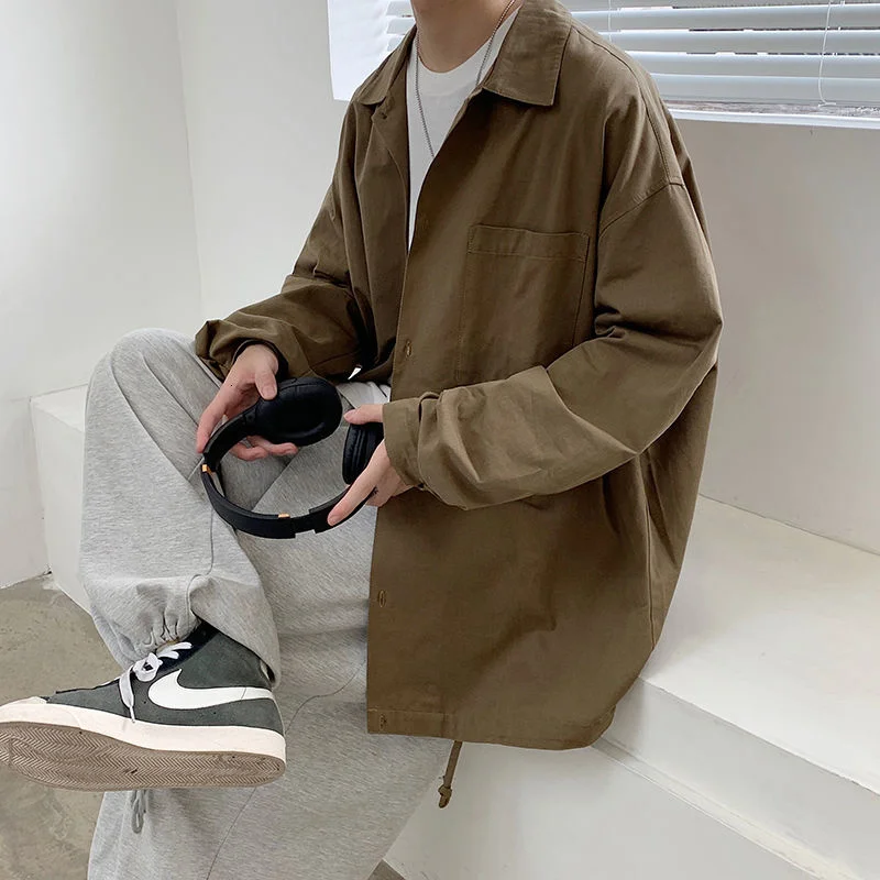 

Новинка 2021, мужские однотонные пальто с длинным рукавом, свободная модная повседневная мужская рубашка, уличная одежда, гавайская рубашка б...