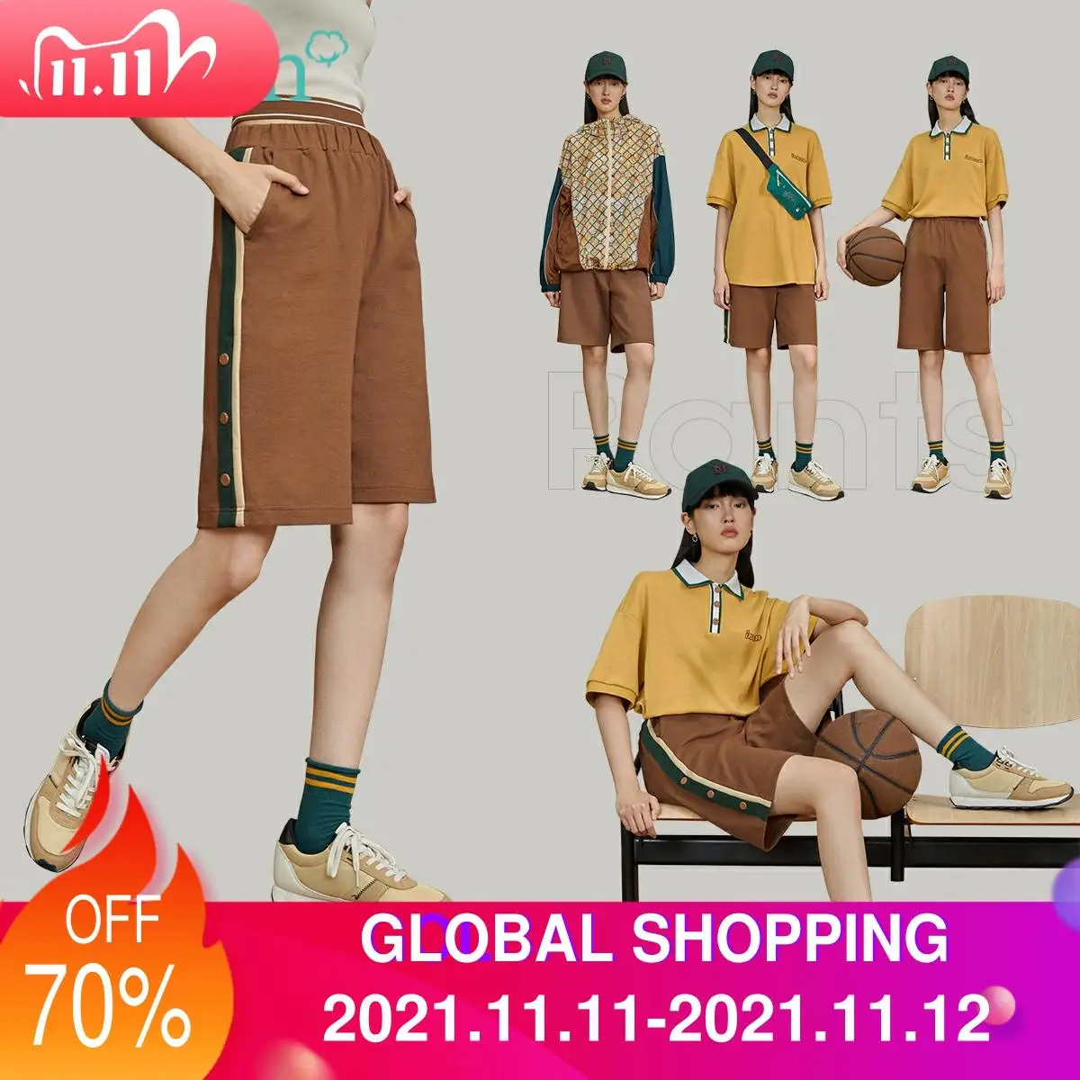 

INMAN Sport Jogging Style Short Pants Women Elastic Wasit Cotton Contrast Color Decorative Pocket Trousers