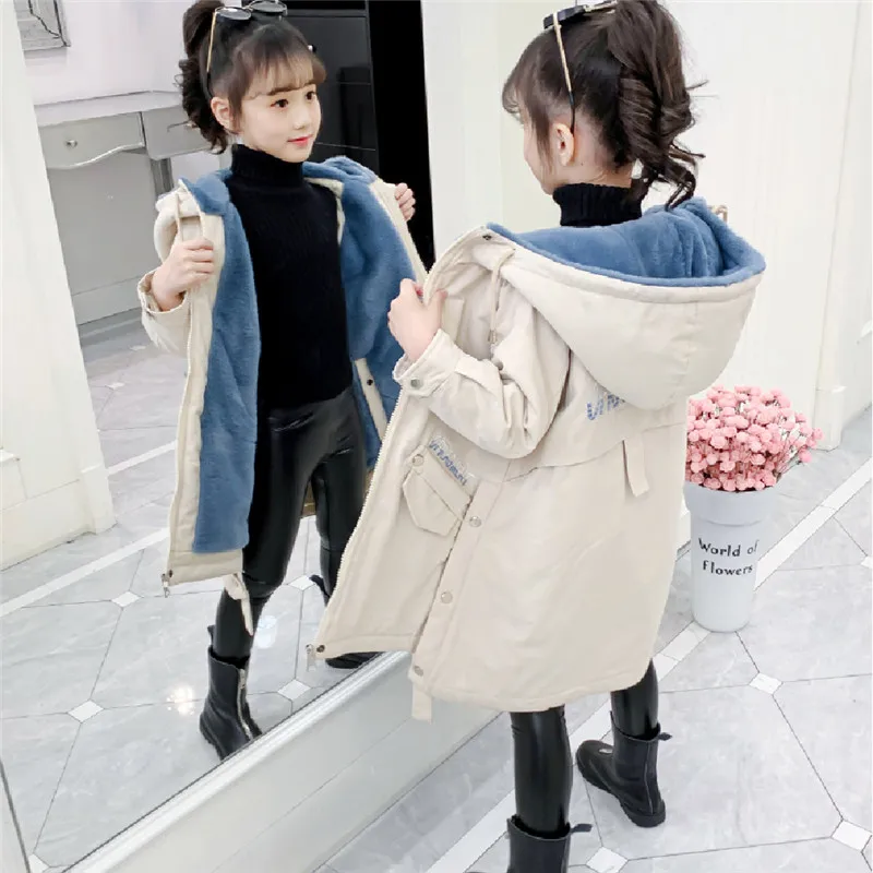 

Girls Baby's Coat Jacket Outwear Beige Cool Thicken Winter Plus Velvet Warm Cotton Fleece High Quality Children's Clothing