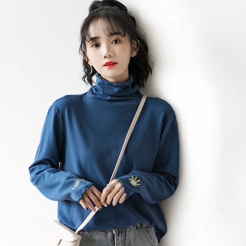 

Осенне-зимний свитер, женская нижняя рубашка, новинка 2020, свитер с вышивкой и длинным рукавом с воротником средней высоты