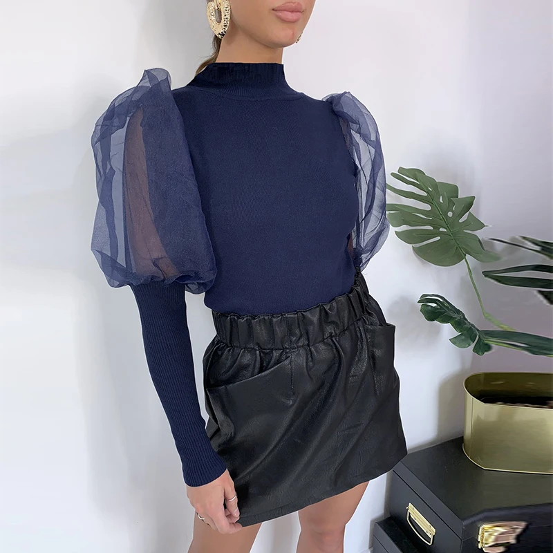 06 Blue Женские модные, прозрачные блузки с длинным рукавом в сеточку, сексуальные топы с рукавом-фонариком, винтажные мешковатые блузки с рукавом в горошек и круглым вырезом - Цвет: 06 Blue