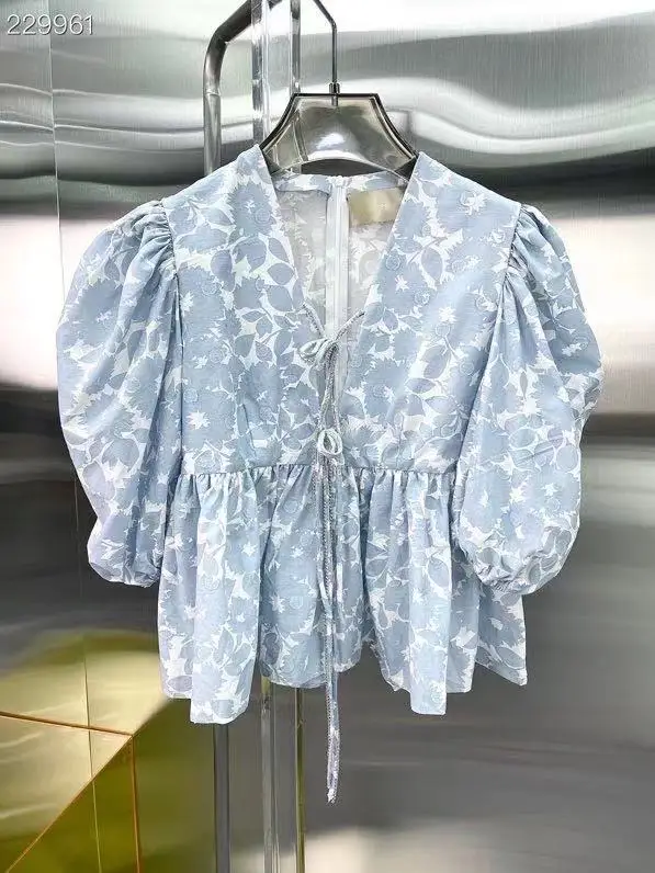 

2021 Autumn New Fashion Women Blouse Runway Design Vintage Floral Print V-Neck Half Puff Sleeve Diamonds Casual Shirt