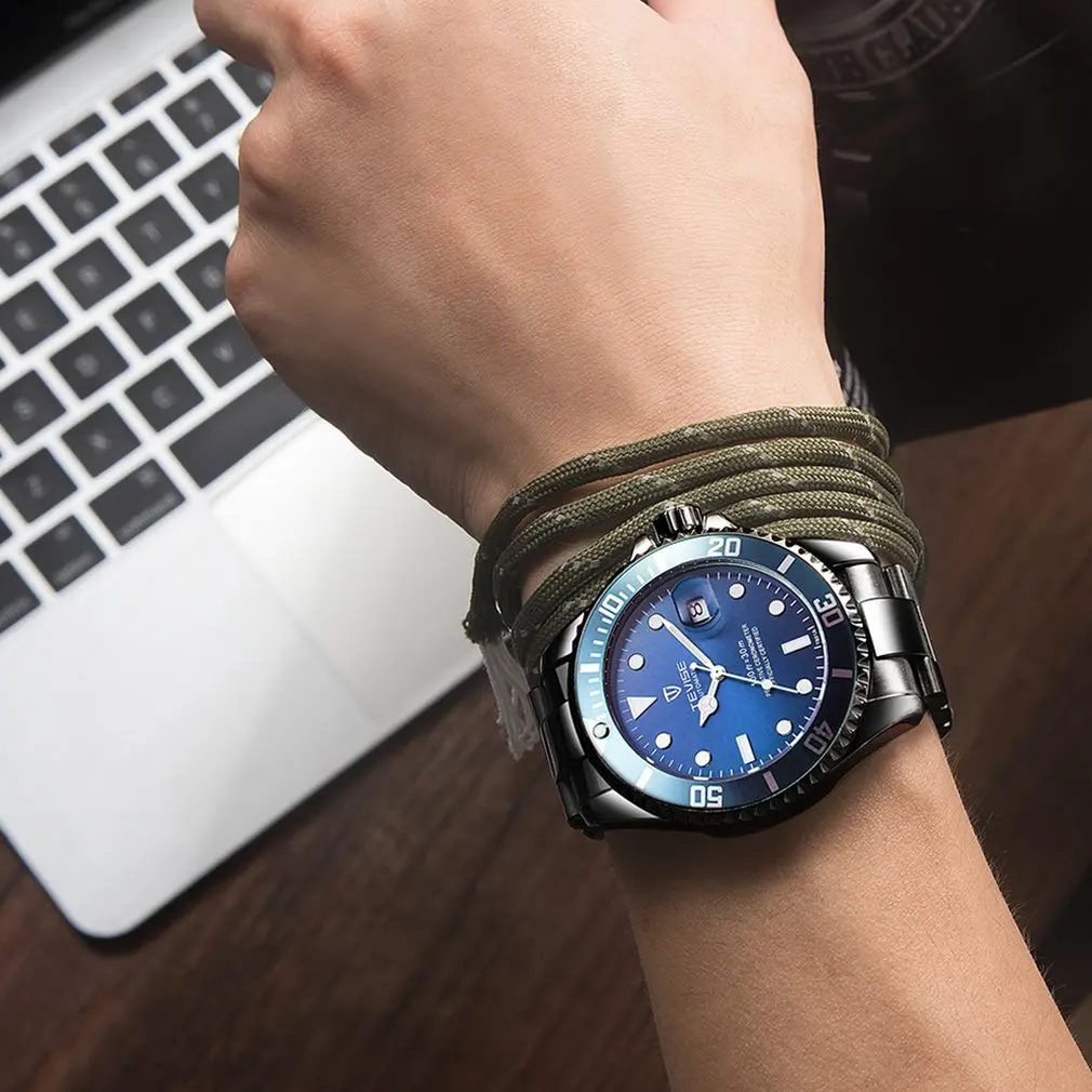 TEVISE часы с зеленым водным призраком мужские роскошные механические со стальным