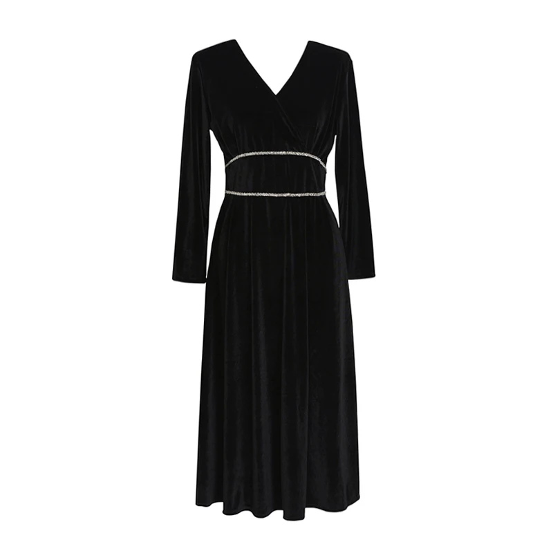 

PERHAPS U Empire V Neck Long Sleeve Midi Evening Paty Dress Winter Black Elegant D1490