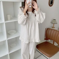 jyate white minimalist plaid cotton new square collar chic loose all match puff sleeves sweet pajamas sets home clothes