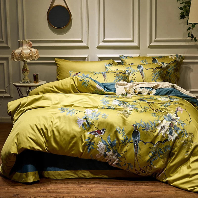 

Yellow Chinoiserie Chic Blossom Duvet Cover Birds and Tree Branches Tencel Silk Soft Breathable Bedding set Bed Sheet for Summer