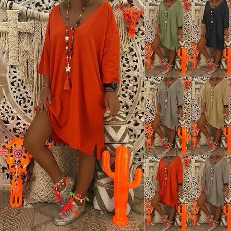 

2020 New Women Casual Midi Dress Loose Long Sleeve Dress Ladies V Neck Plus Size Hot Sales Long Tops Dress Vestidos