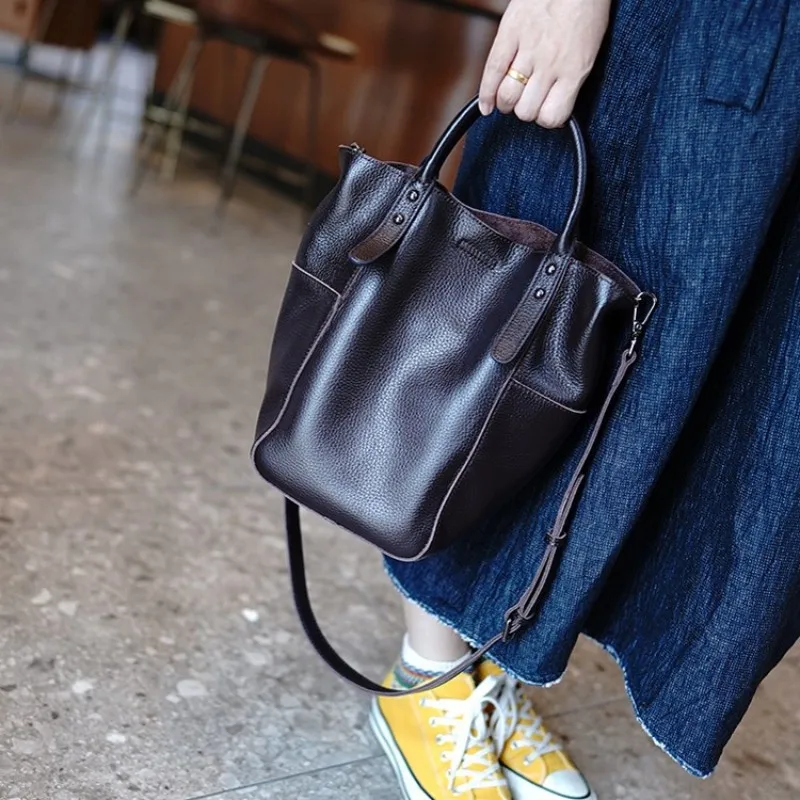 

Genuine Leather Casual Tote Bags Women Classic Black Large Capacity Office Crossbody Bag Famous Brand Lady Cowhide Bucket Bag
