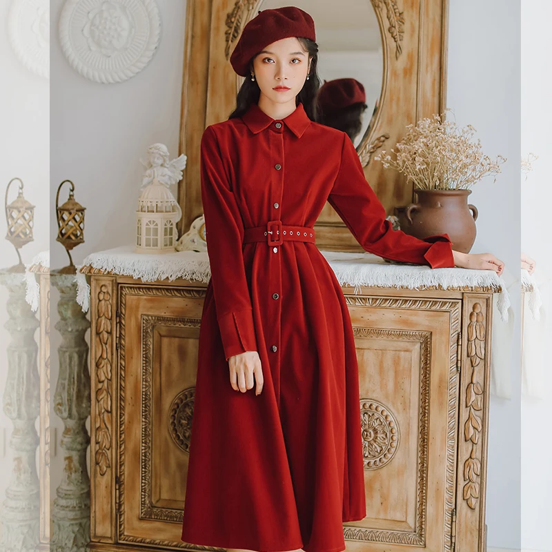 

Женское бархатное платье, красное винтажное офисное платье с высокой талией и широким поясом, элегантное платье, осень