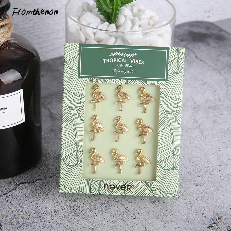 Plant Series Gold Push Pins Thumb Tack Message Cork Board Flamingo Cactus Shape Push Pin Thumbtack Office Accessories 9pcs gold feather shape thumbtacks creative metal push pins for memo board or cork board 9pcs set home office stationery gift set