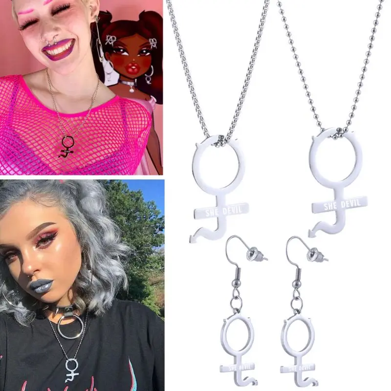 

Stainless Steel Internet Girl She Devil Female Symbol Gothic Streetwear Pendant Necklace Earrrings Women Jewerly Set