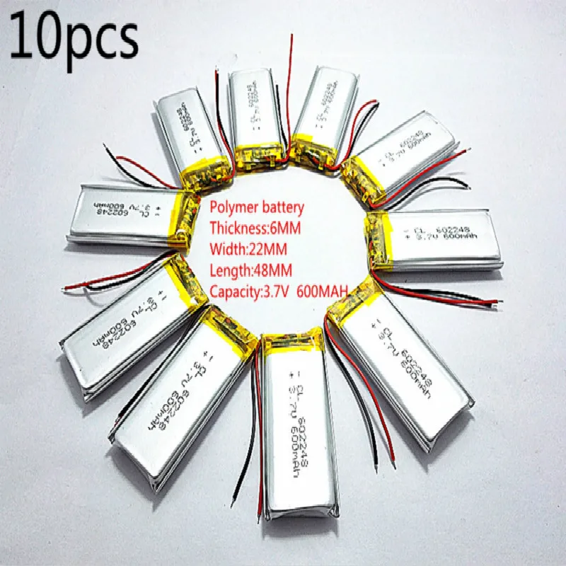 Bateria de Íon 602248 de Polímero de Lítio Recarregável para Mp3 Atacado Li-po li Mp4 Mp5 Gps Vedio Jogo Brinquedos 10pcs 3.7v 600mah