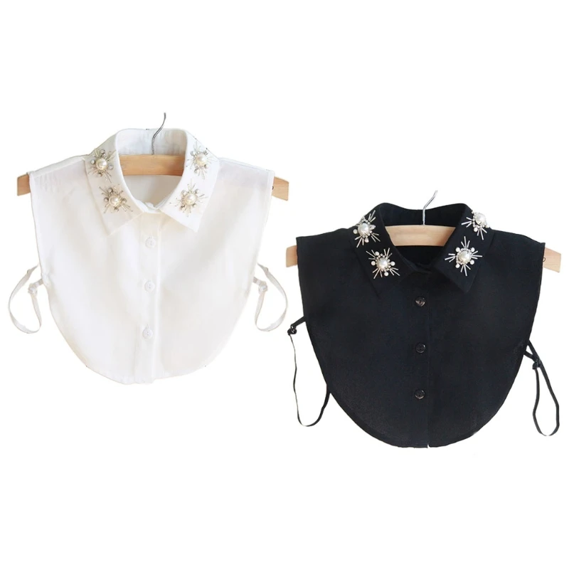

Women Chiffon Lapel Dickey False Collar Rhinestone Pearl Beading Floral Detachable Half Shirt Blouse Sweater Accessory