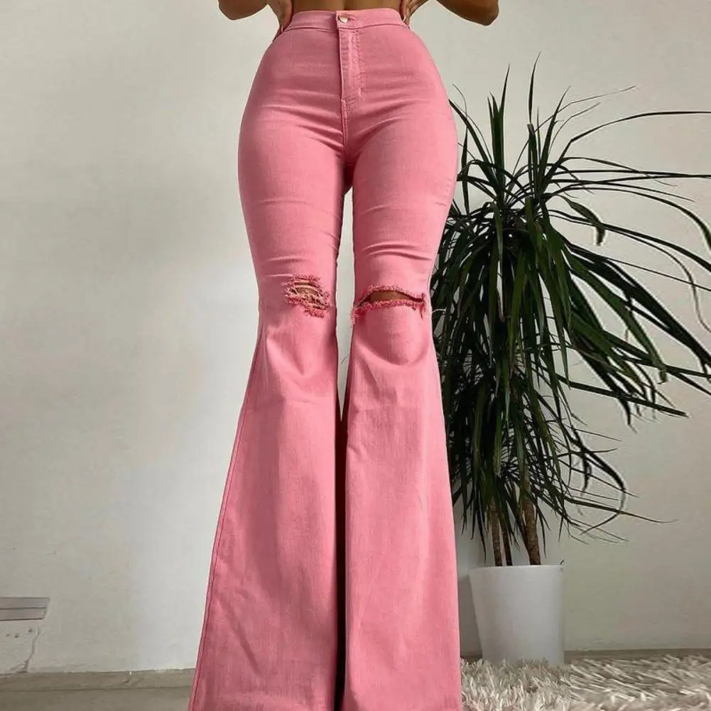 

Women Jeans Zipper Fly Popular Long Bodycon Wide Leg Ripped Jeans Fringed Edge Streetwear Casual Slim Denim Pants Trousers