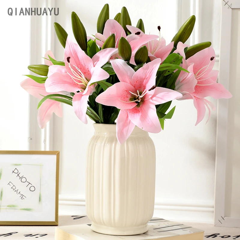 

Artificial Lily Flowers Bouquet Fake Plant Buds For Home Wedding Living Room Table Arrange Decoration Vase Easter Accessor Gifts