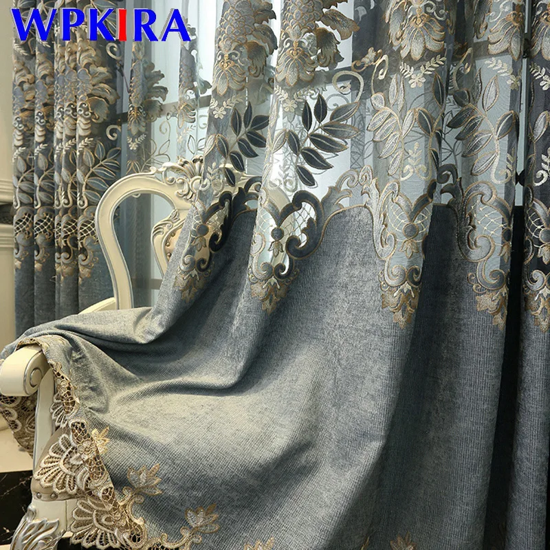 Европейские вышитые шторы с вырезами для спальни роскошные серые шенильные