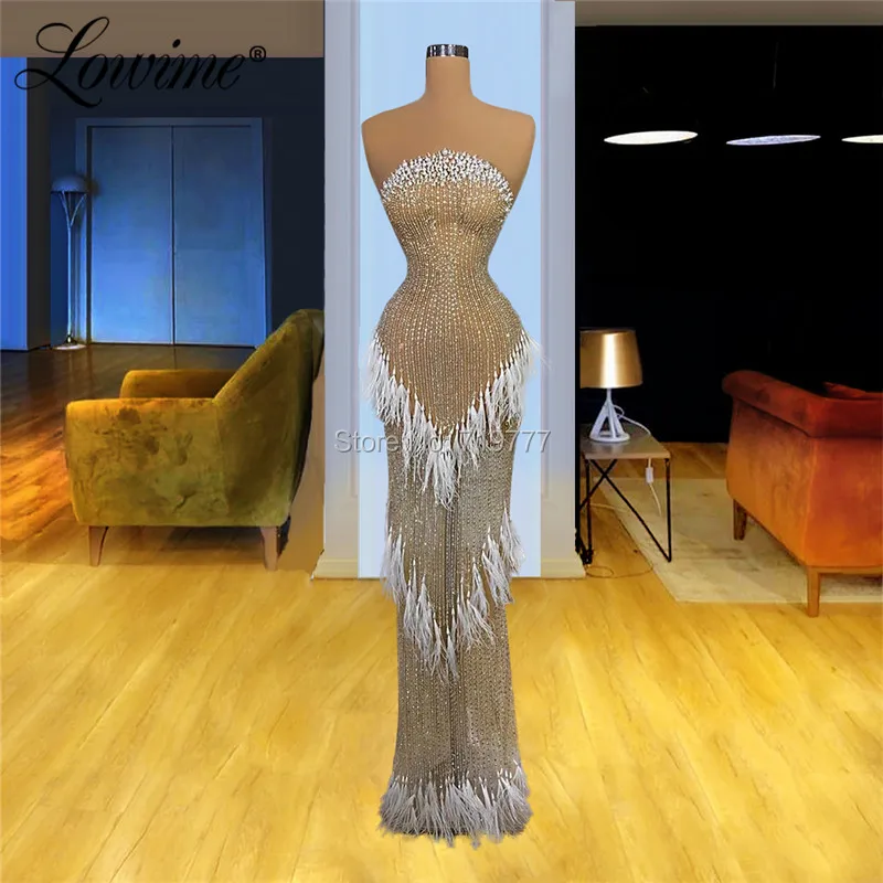 Crystals Beaded Mermaid Evening Dress Dubai Party Gowns 2020 Couture Robe De Soiree Aibye See Through Arabic Celebrity Dresses