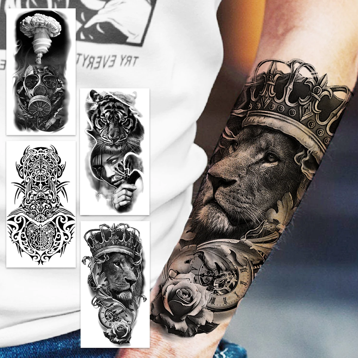 

Compass Lion Crown Temporary Tattoos For Men Women Adults Realistic Mask War Thorns Tiger Tribal Fake Tattoo Sticker Thigh Tatoo