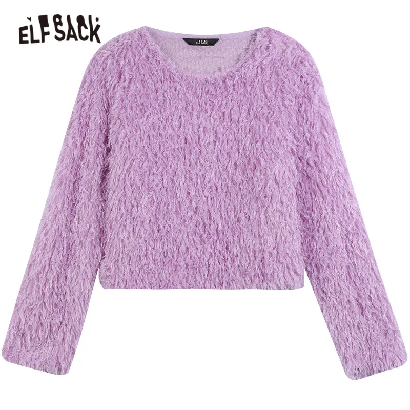 

ELFSACK Purple Lavender Feather Tassel Casual Pullover Sweatshirt Women,2021 Winter Vintage Korean Ladies Daily Velvet Top