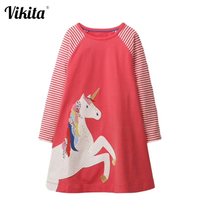 

VIKITA Children Girls Dresses Unicorn Applique Kids Dress Long Sleeve Children Striped Christmas New Year Gift Kids Dresses