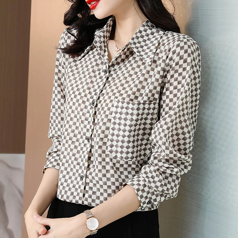

Silk Women's Blouse Loose Girl's Shirt Fashion Plaid Casual Plus Size Long Sleeve Top Chiffon Print Summer Lady Blusas Houthion