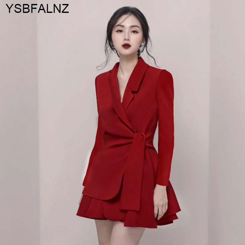 저렴한 2021 Womens Blazer Two Piece Set 풀 슬리브 V 칼라 레이싱 하이 엔드 기질 Office 레이디 디자인 의류 라운지 착용 + 스커트