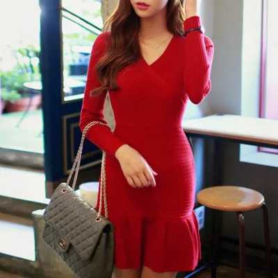Lcybhe New Korean version of women's wear V-neck slim long-sleeved dress knitted buttock pleated skirt sweater 48L | Женская одежда