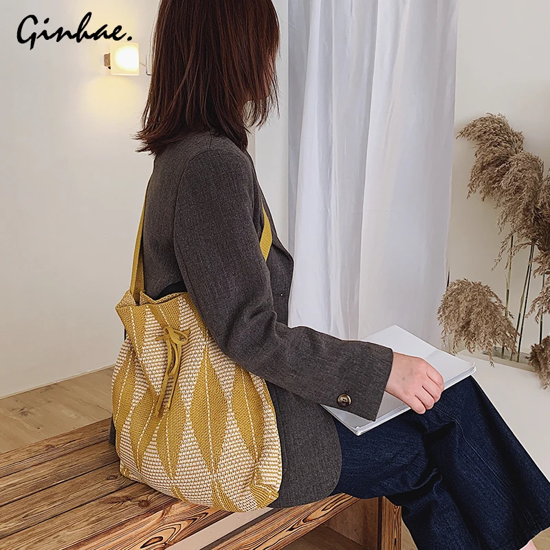 2019 зимняя женская Повседневная Геометрическая Сумка вязаная сумка-шоппер