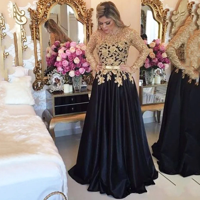 

JIERUIZE Black and gold lace Evening Dresses Long Sleeves Mother Of the Bride Dresses Formal Evening Gowns