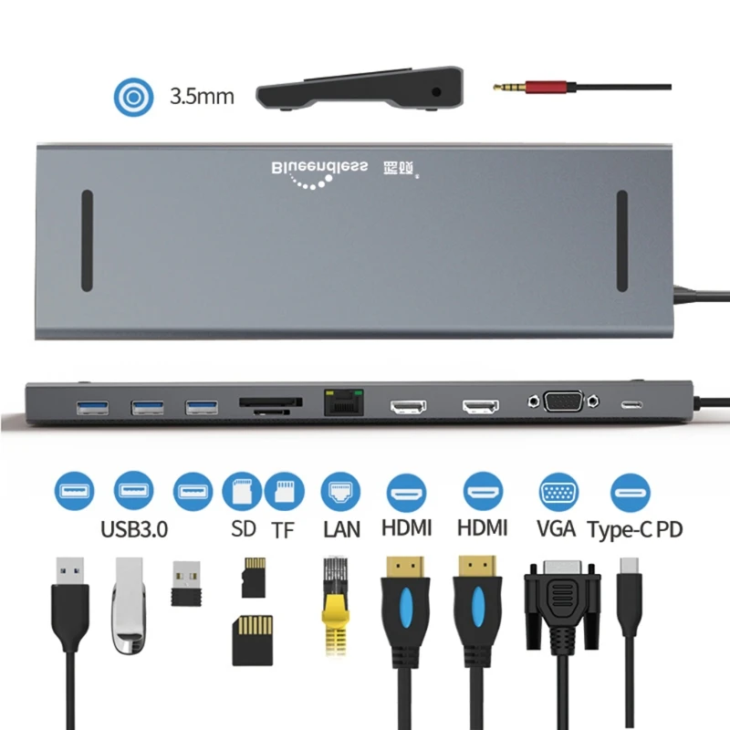 

Blueendless Type C HUB Dual HDMI-Compatible to USB3.0 5Gbps Rj45 VGA Net Docking Station PD SD TF Fast Charging 11 in 1