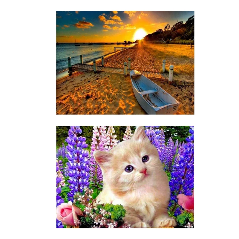 

2Set Full Round Diamond Painting Diamond Picture Rhinestone Home Decoration, Boat And Ferry In The Sunset & Cat Animal
