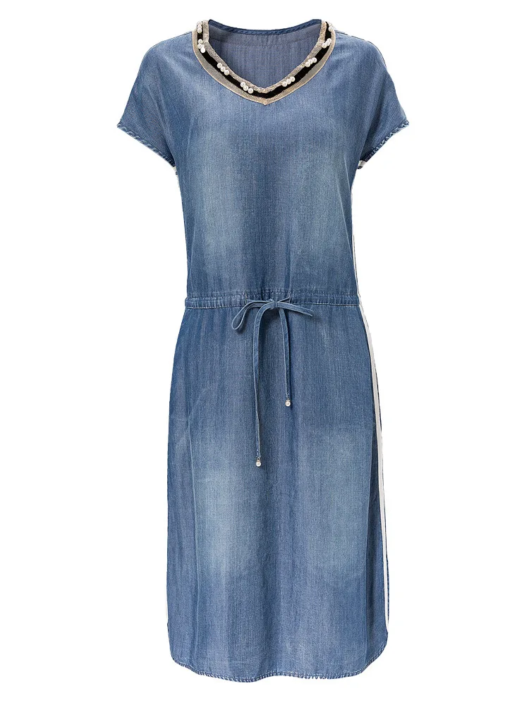 

Blue Jeans Dress Women Summer Fashion Patchwork V-Neck Short Sleeve Lace Up Knee Length Dress Female Casual Loose Denim Dresses