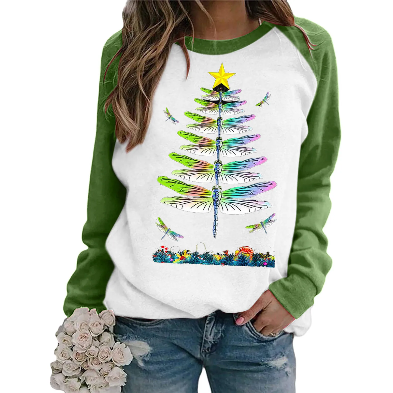 2021 Sweatshirt Women Cat Christmas Tree Dragonfly Christmas Tree Print Raglan Long Sleeve Sweatshirt Pullover Top Blouse #dz