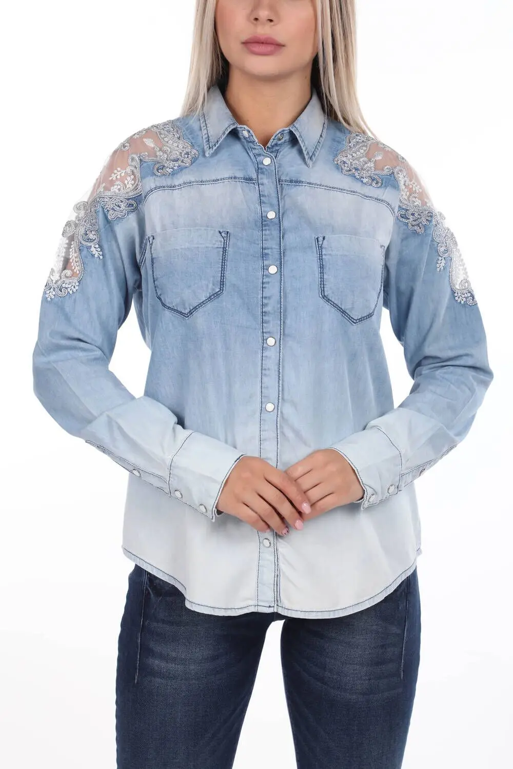 

Blue White Lace Detailed Woman Jean Shirt