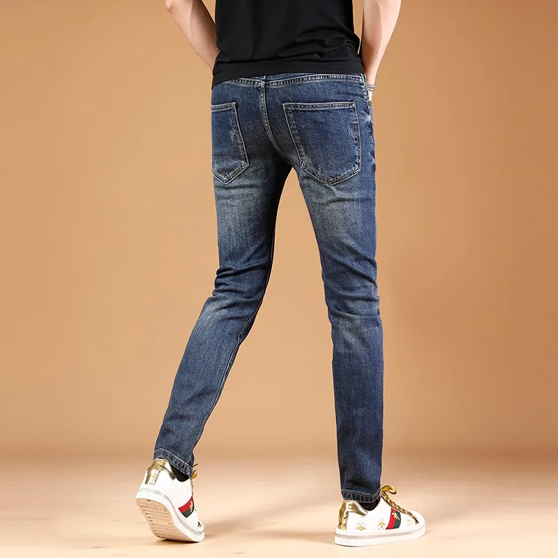 Men Blue Jeans Casual Pants Vaqueros Clothing Fashion Streetwear Ripped Embroidered Jean Straight Leg Slim Fit Denim Trousers
