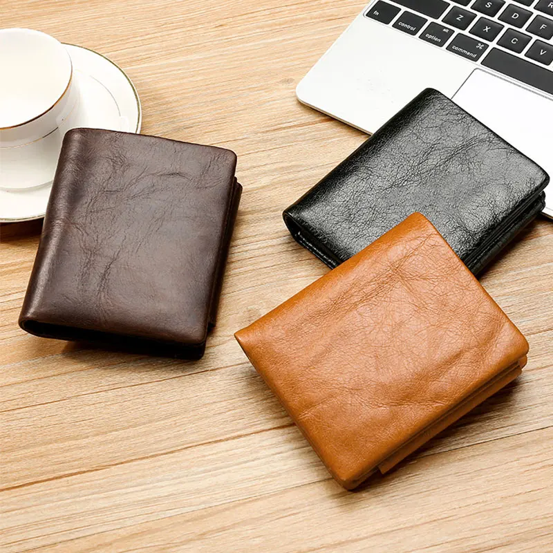 

New Large Capacity Genuine Leather Men Wallets Vintage Trifold Wallet Zip Coin Pocket Purse Cowhide Leather Wallet For Male
