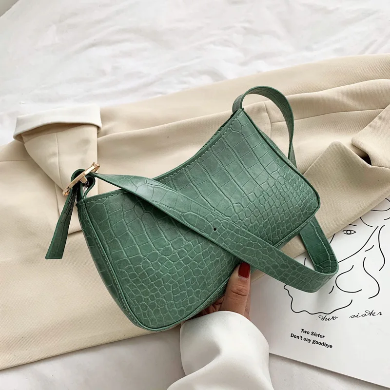 

Baguette Bag Designer Alligator Pu Leather Handbags For Women New 2021 Fashion Wide Shoulder Bags Small Zipper Vintage Handbags